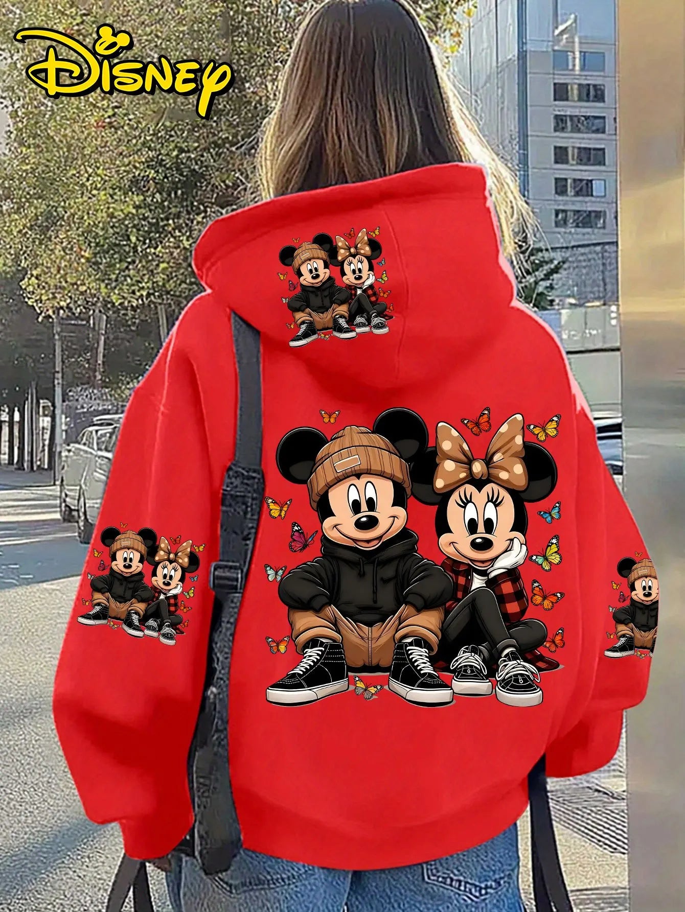 Unisex Disney Cotton Fleece Hoodie Black Color with Mickey Minnie Sitting Pose and Colorful Butterflies Back Print Loose Fit