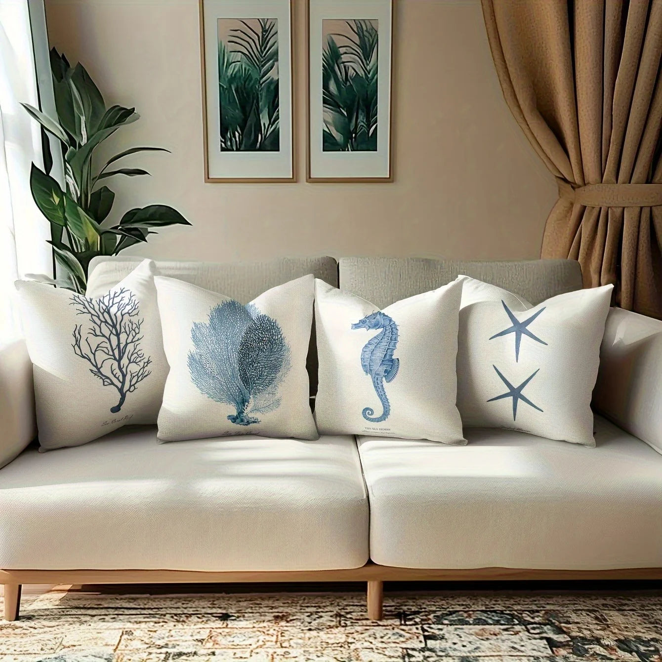 4Pcs Nautical Theme Pillow Covers - Vintage Sea Life Printed Square Cushion Covers for Beach House/Living Room