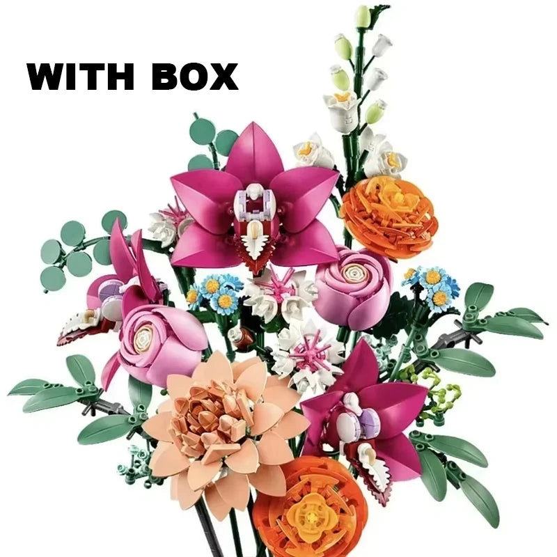 Creative Beautiful Zinfandel Bouquet Building Blocks Pretty Pink Flower Home Desktop Decoration Toy Gift For Girl Kid Girl Adult