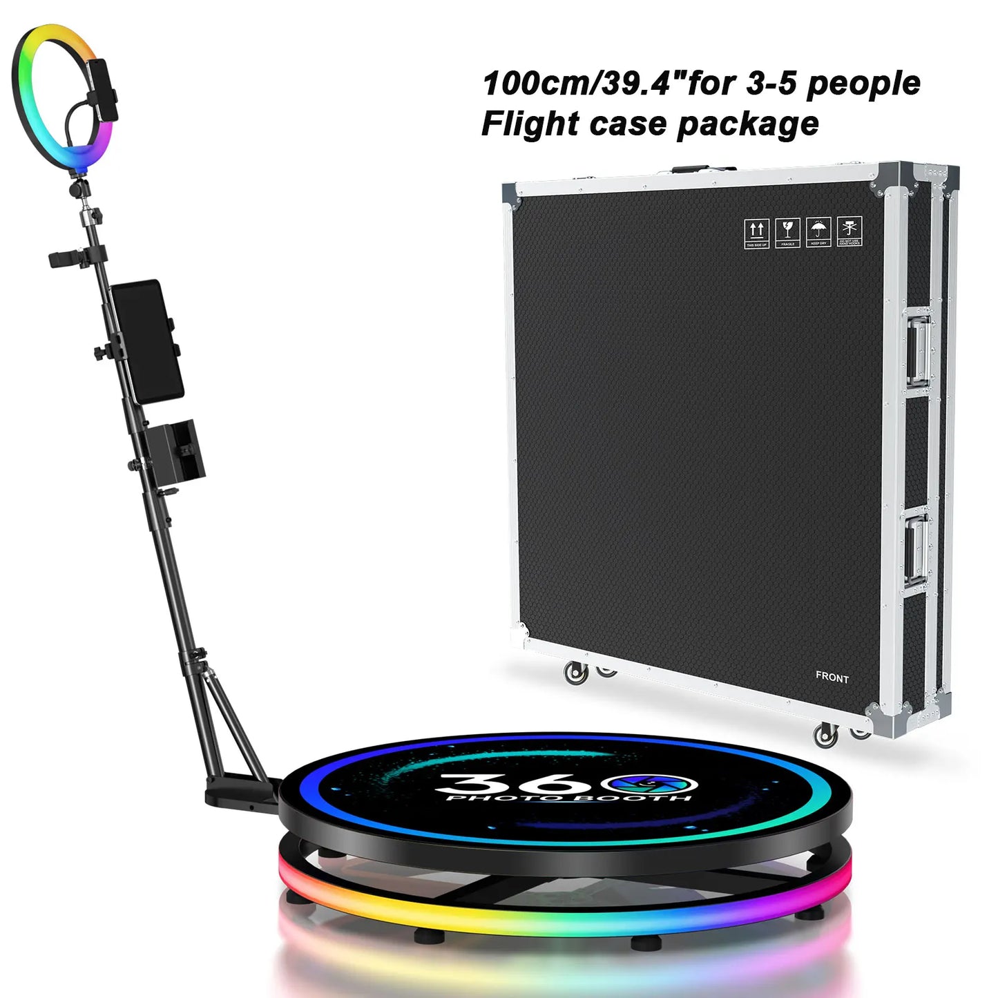 360 Photo Booth Automatic Rotating Photo Booth Machine Ring Light for Party Wedding Rental with RGB Light & Flight Case