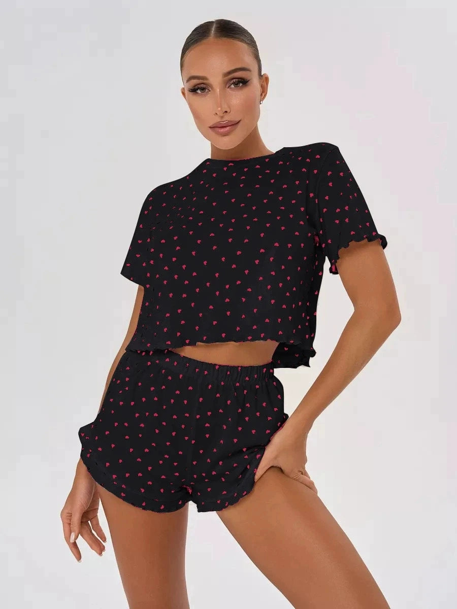 Womens Cute Heart Print Pajama Set Two Piece Short Sleeve Crop Top Ruffle Shorts Sleepwear Loungewear Casual Summer Nightwear 