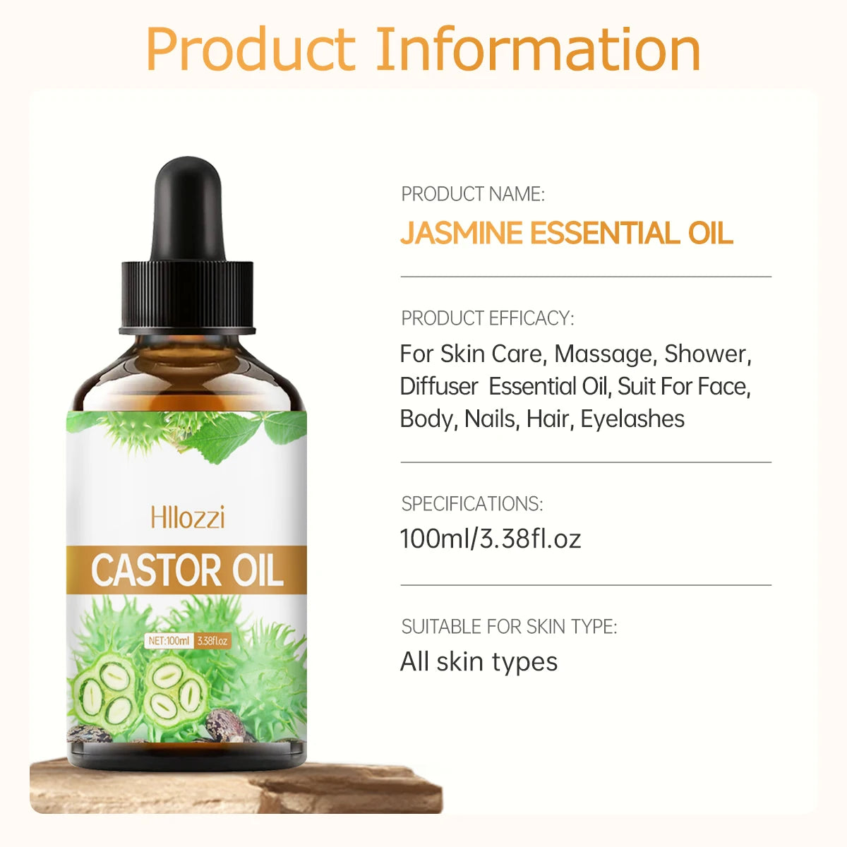 Castor essential oil, for dry hair, eyelashes and eyebrows, oil cold pressed unrefined, essential oil for skin and nail care