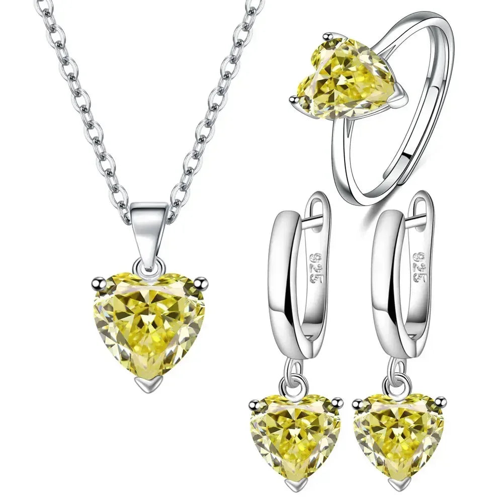 Fine 925 Sterling Silver Color Jewelry Gift Sets for Women Female Romantic Heart Zircon Huggie Earrings Pendant Necklace Ring