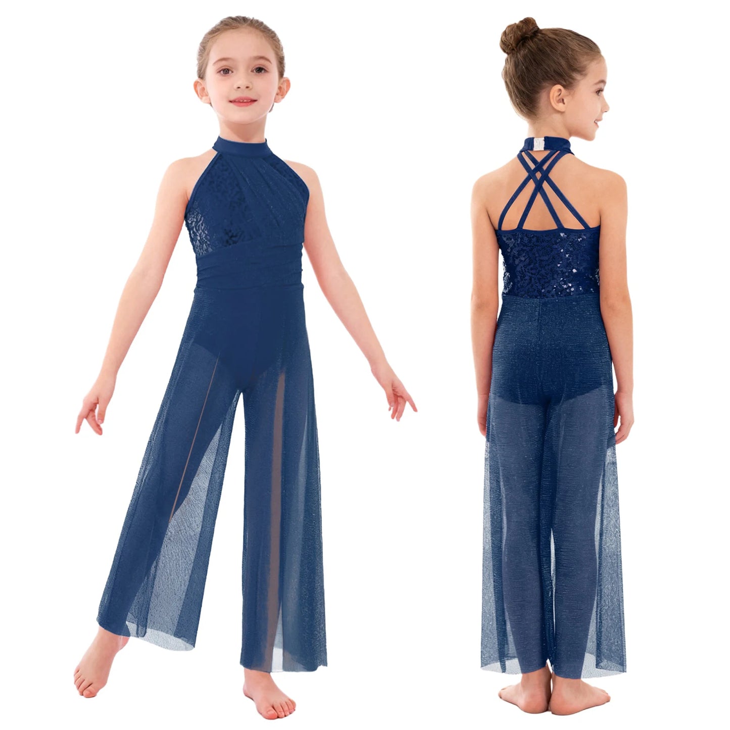 Children Girls Modern Lyrical Dance Jumpsuit Sleeveless Shiny Sequin Mesh Split Ballet Figure Skating Gymnastic Leotard Bodysuit