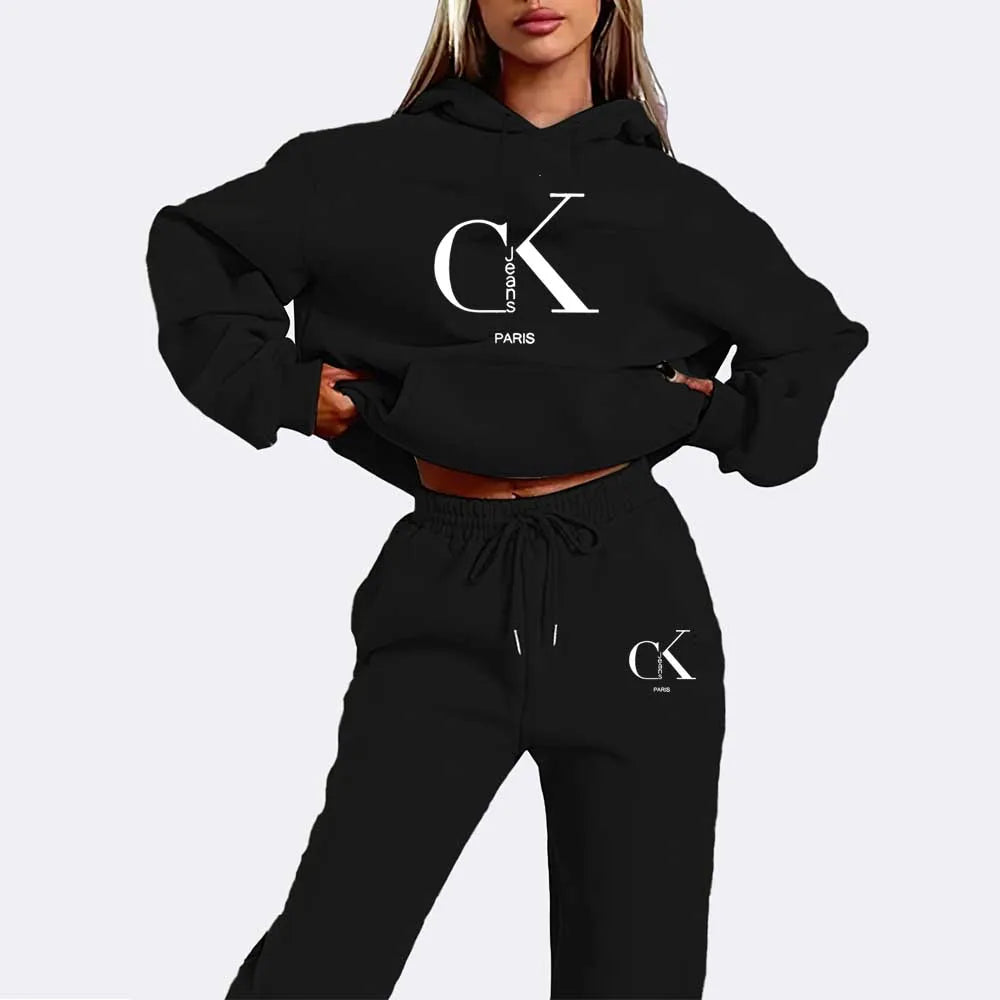 2026 Spring/Summer New Collection Hooded Sweatshirt and Pants Set - Black with White Logo Drawstring Hoodie and Athletic Pants