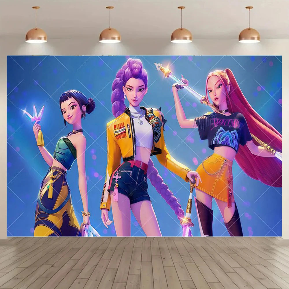 Adult Children's Birthday Party Decorations Background Hot KPop Girl Demon Hunters Backdrop Baby Shower Banner Photo Booth Props