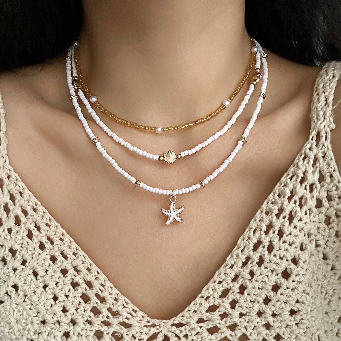 Vintage Women's Multi-layer Stacked Handmade Seed Bead Choker Trendy Starfish Shell Pendant Necklace Summer Beach Party Jewelry