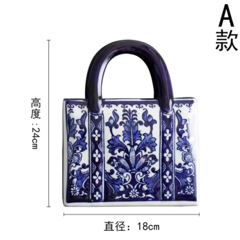 Blue and White Porcelain Desktop Handbag Vase, Ceramic Vase, Aesthetic Decoration, Flowerpot, Room Decoration Accessories.