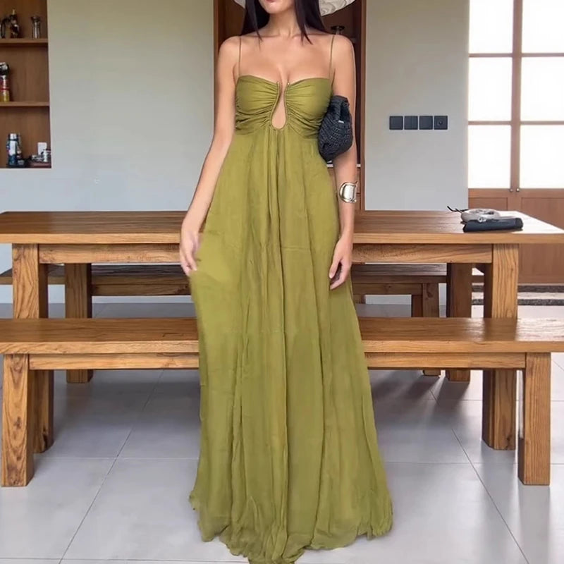 2025 Summer New Solid Pleat Evening Dress Leisure Sleeveless Backless Big Hem Dress Sexy Suspender U Design Vacation Long Dress