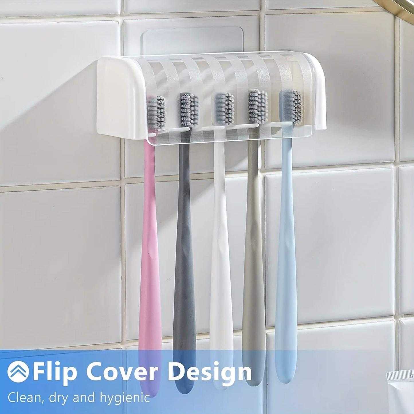 A covered 5-slot toothbrush holder, self-adhesive wall toothbrush storage rack, plastic bathroom supplies