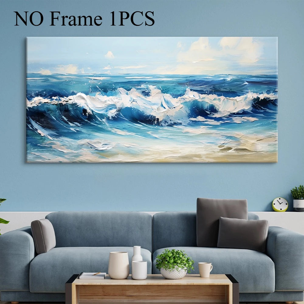 Scandinavian Blue Ocean Art Wall Simple Abstract Ocean Waves Landscape With Frame Canvas Painting Print Home Aesthetic Decor
