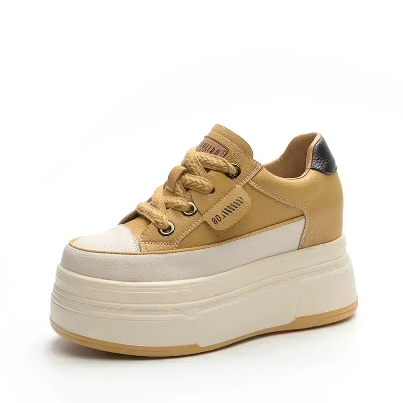 Fujin 9cm 3 inch comfortable platform sneakers for women Genuine Leather Women Vulcanized Shoes Platform High Heels Casual Shoes