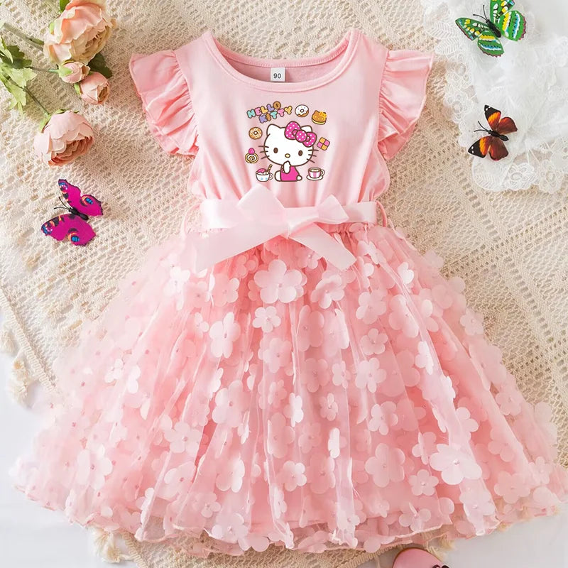 Hello Kitty Girls Summer Dress Cartoon Bow Tutu Dress 3D Butterfly Cute Cotton Party Casual Dress for Baby 2-6 Years