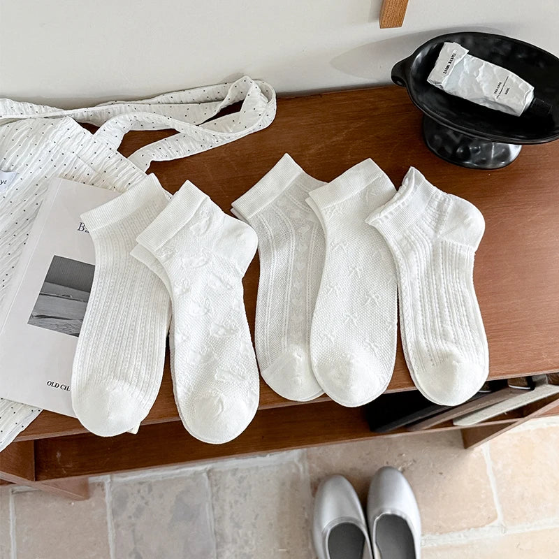 Women's White Ankle Socks 1/5 Pairs Breathable Summer Fashionable Thin Low Tube Silk Socks for Comfortable Wear