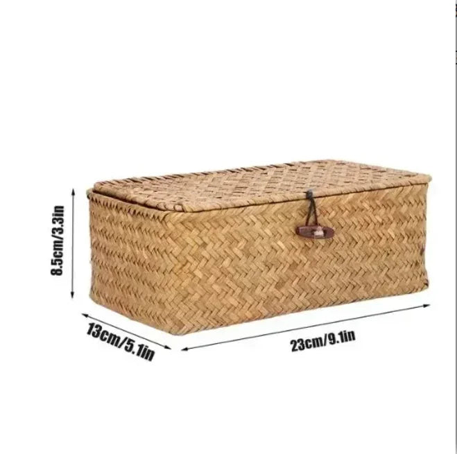 +Handwoven Seagrass Shelf Basket with Lid, Rectangular Desktop Organizer for Makeup & Sundries