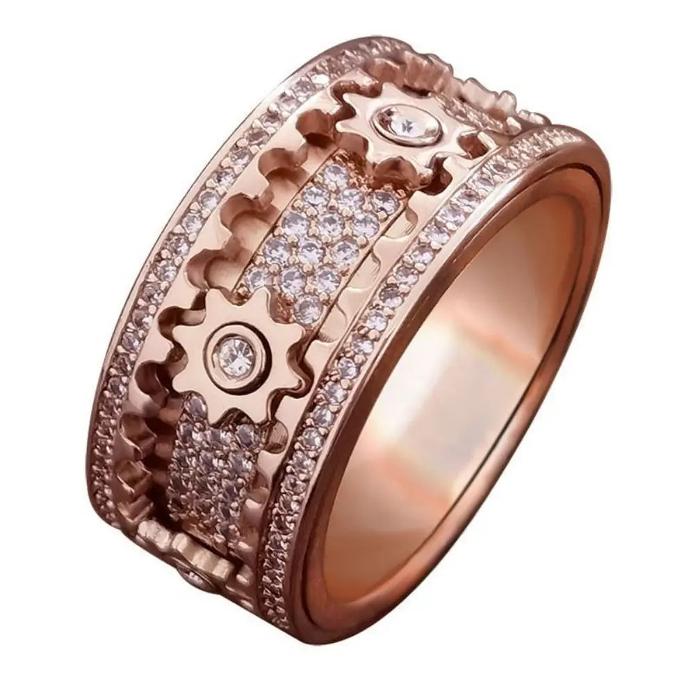Handmade Diamond Ornate Geometric 3D Band Ring Gear Spinner Rings Rotating Mechanical Decompression Anxiety Ring for Women Men