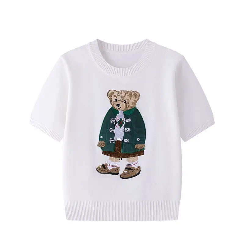 European Style Luxury Brand Loose O-Neck Bear Pullover Tops Knitwear Woman Short Sleeve T-shirt Ladies Wool Knitted Sweater