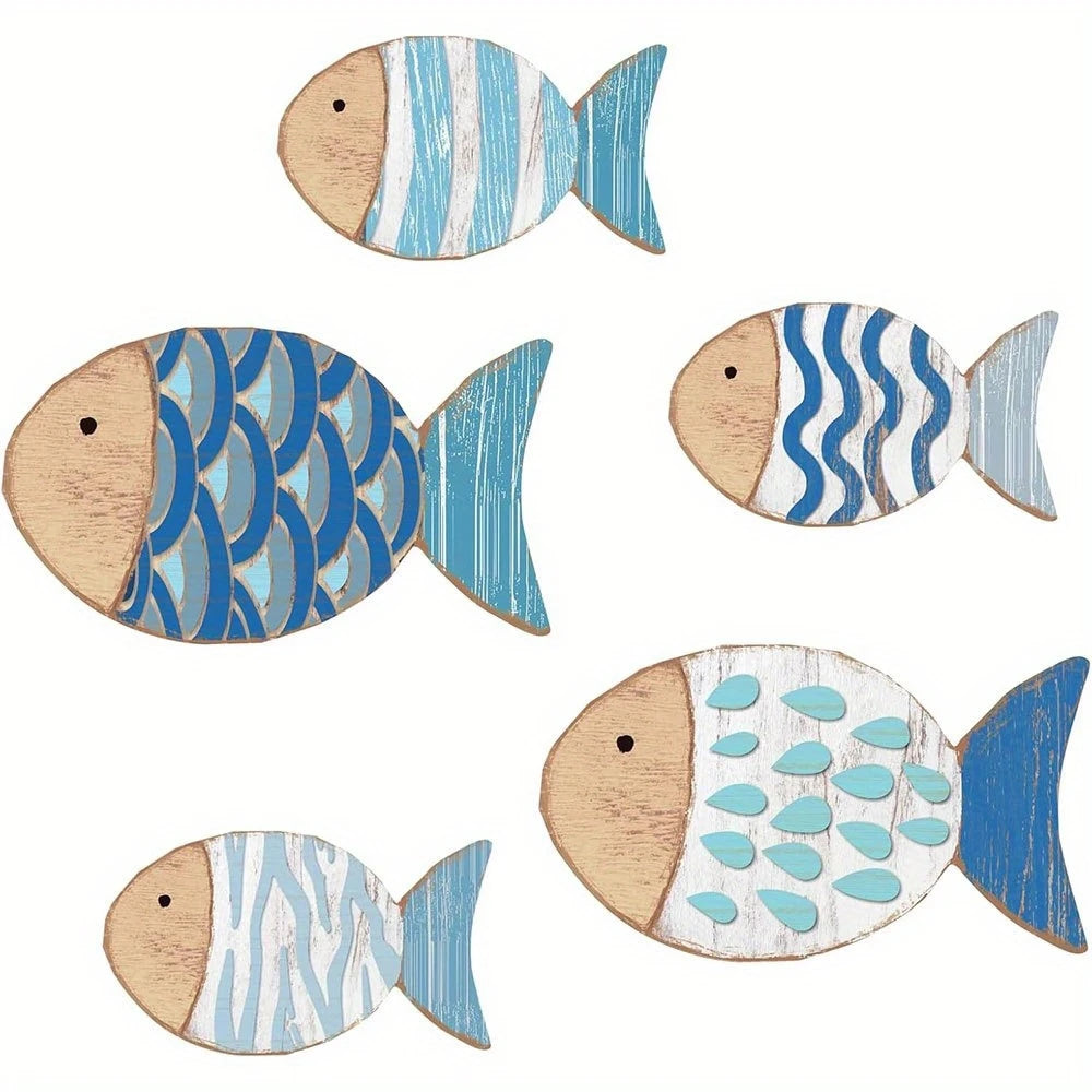 2D Wooden Fish Nautical Walls Beach Art Walls Hang Decorated Marine Themed Retro blue Fish Family Bathroom Pendants Gifts