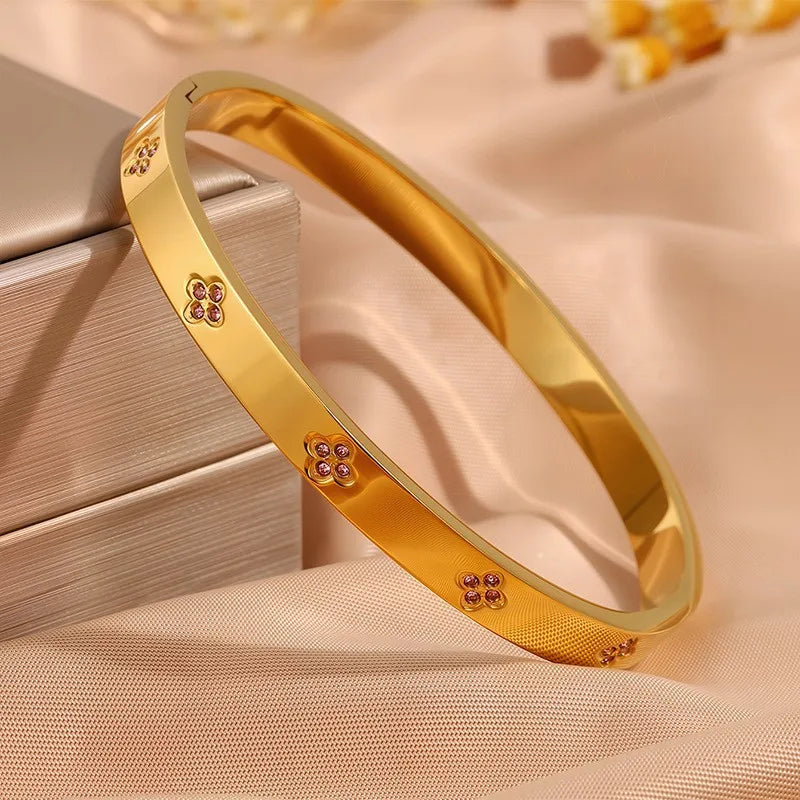 ZAKOL New Buling Pink Crystal Zirconia Stainless Steel Bracelet for Women Versatile Stackable Jewelry Waterproof Bangle Gift
