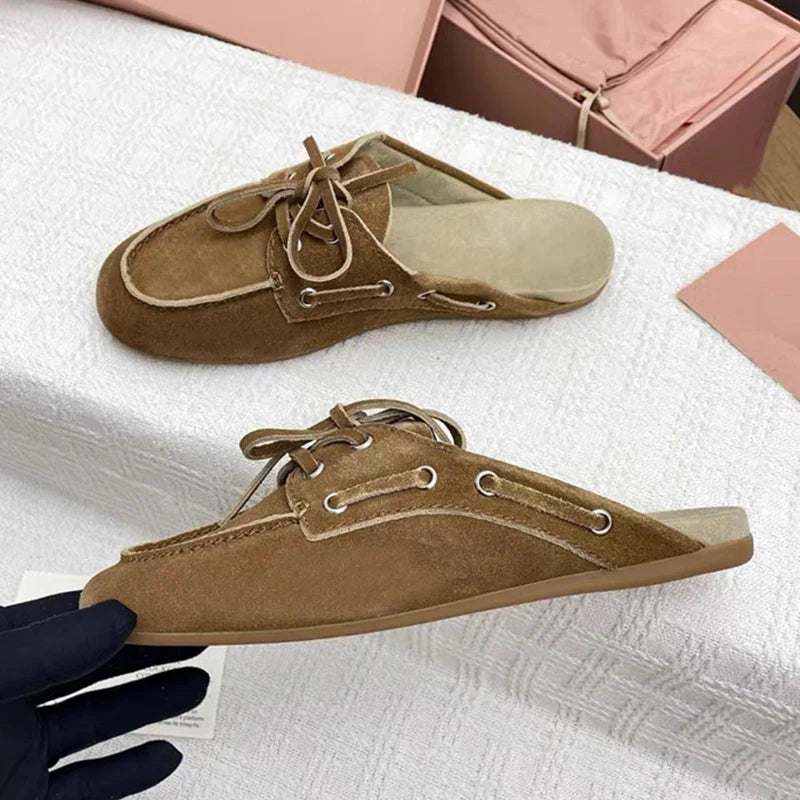 2026 New Fashion Women Slippers Leisure Slip on Summer Beach Holiday Leather Lace Up Versatile Round Toe Flat Loafers Sandals