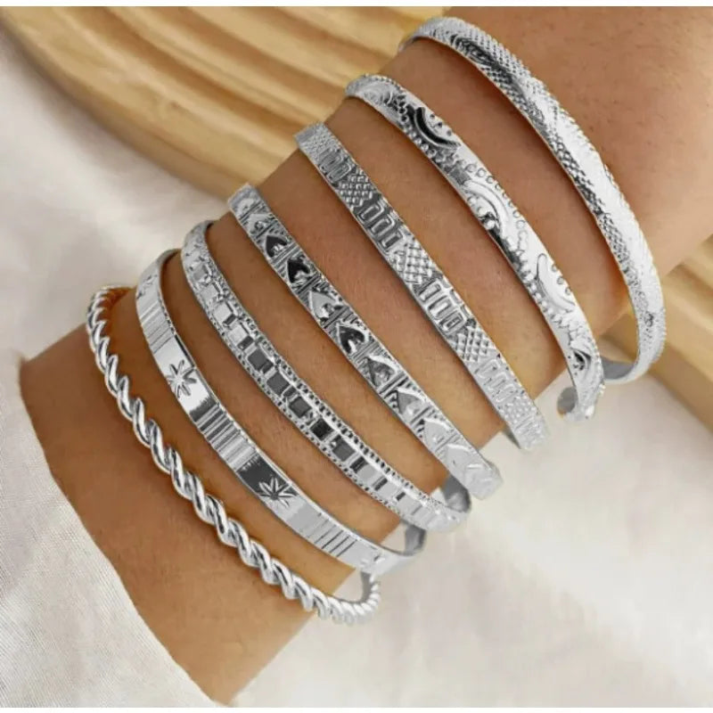 7Pcs Retro Metal Wire Bangles High Quality Exaggerated Open Bracelets Fashion Jewelry For Women Party Daily Wear