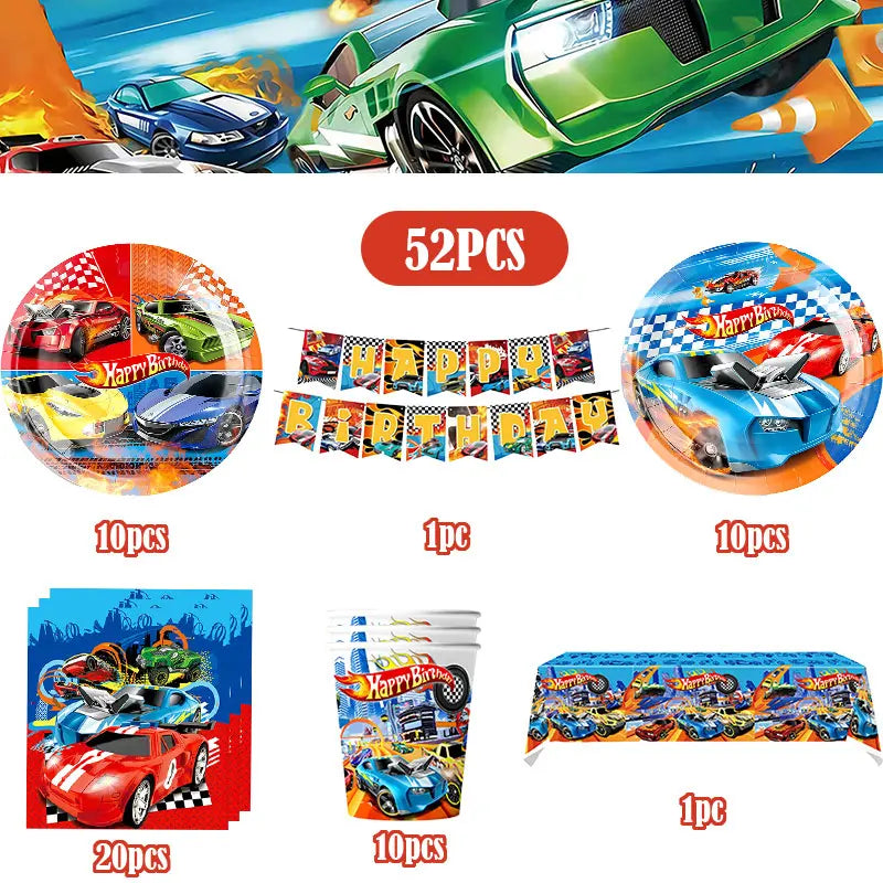 Happy Wheels Birthday Birthday Party Supplies Hot Race Car Theme Tableware Set Cups Plates Balloons Gift Bags for Kids Boys 