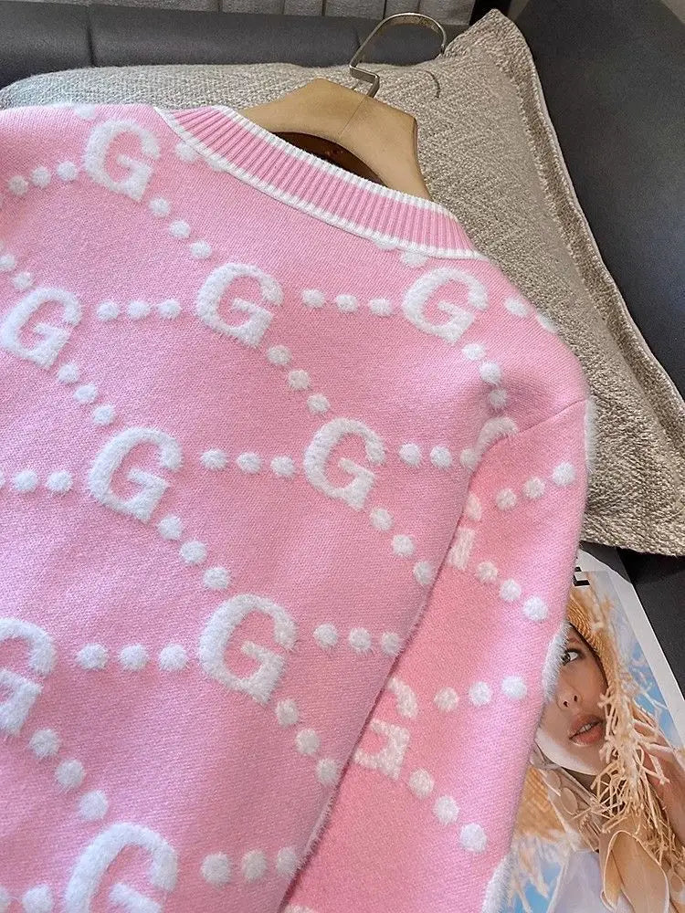 Luxury Pink Knitted Cardigan Women Sweater Autumn Winter Coat Letter Long Sleeve Short Tops Design Trend Women's Clothing New