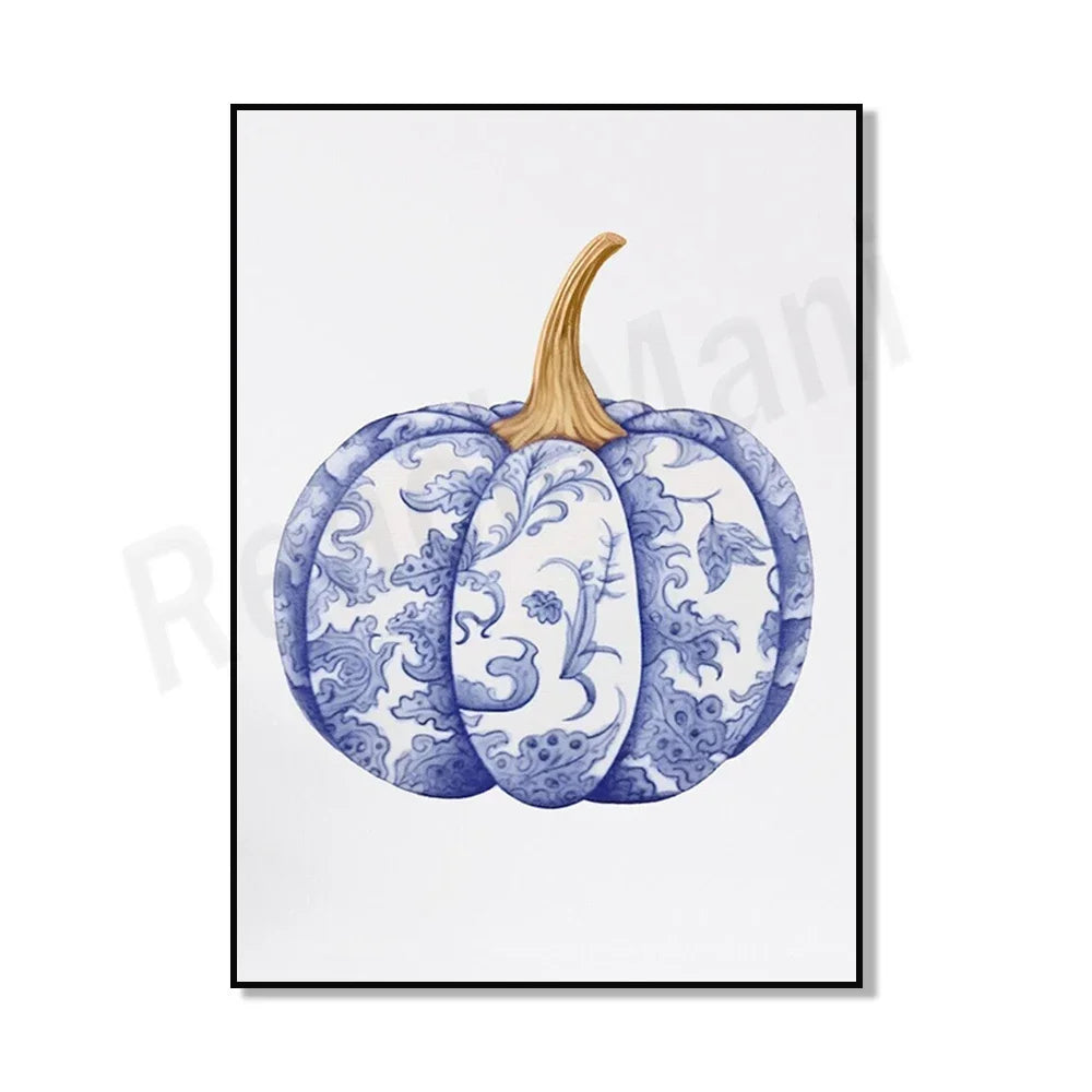 Chinoiserie Pumpkin Art, Hamptons Style Fall Aesthetic Fall Painting, Blue and White Porcelain Wall Art Canvas Print Poster