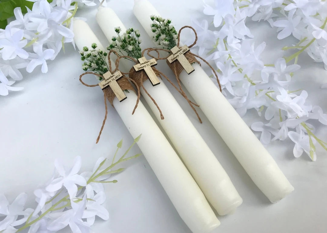 3pcs Personalised Christening Baptism Candle Naming Day Memory Keepsake Gift Unisex Boy Girl, Godparents, Custom Wood Cross