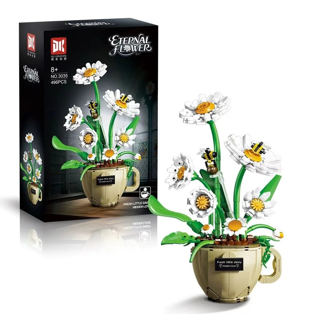 Creative Daisy Tulip Rose Potted Plant Bouquet Ornaments Educational Assembling Building Block Toy Gift Flower Home Decoration