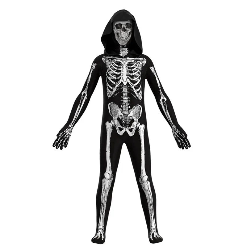Adult Skeleton Jumpsuit Halloween Costume with Scary Mask Full Body Spooky Outfit for Cosplay Party Men's and Women Mardi Gras
