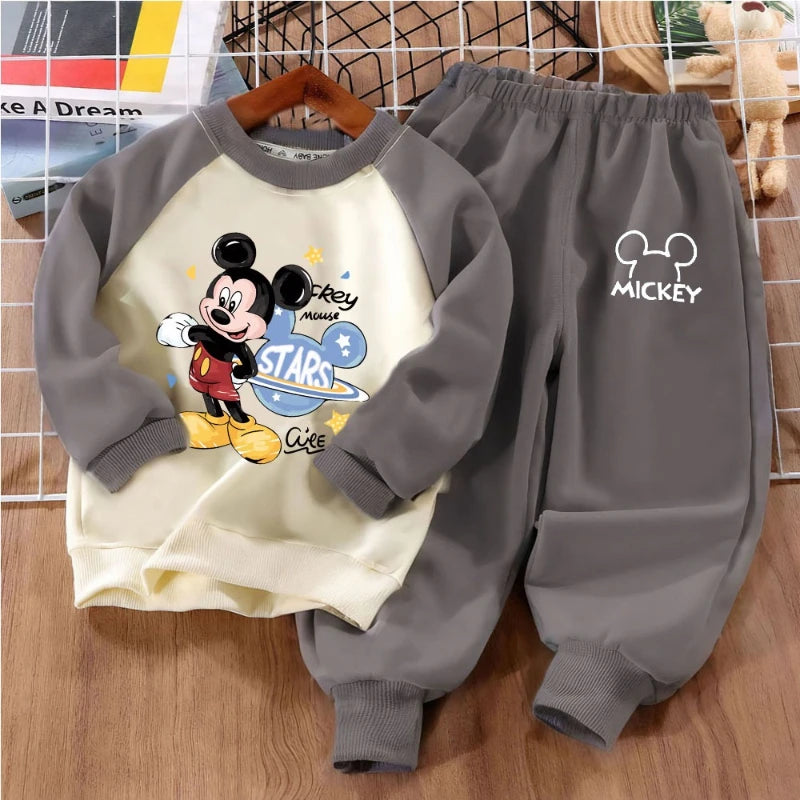DISNEY Mickey Print Boys Spliced Sweatshirt 2-piece Sets Kids O Neck Hoodies and Trouser 2pcs Set Kids Sport Clothes Suit Autumn