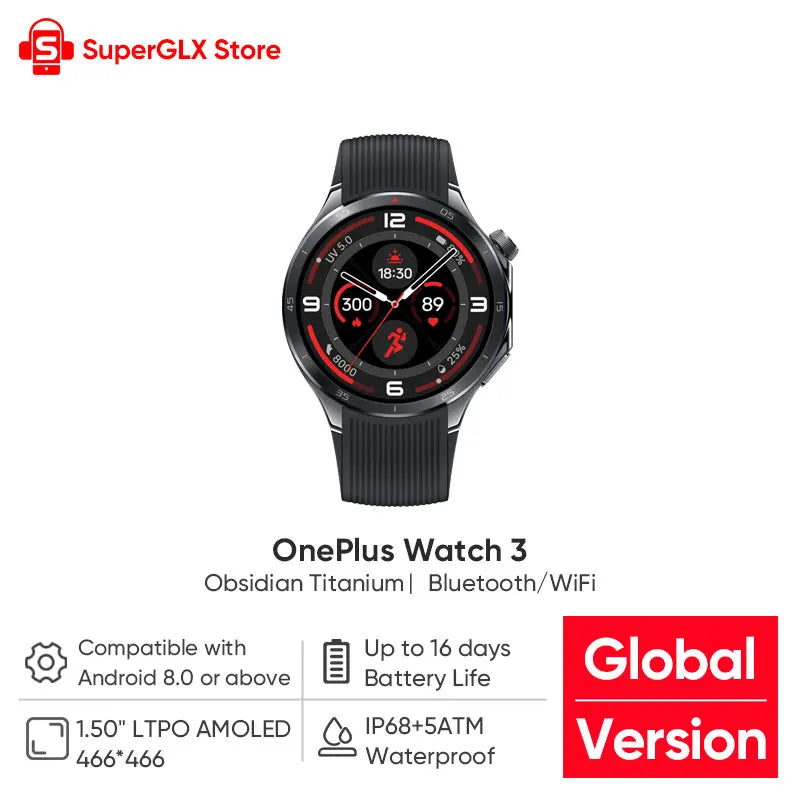 2025 New OnePlus Watch 3 Global Version Smart Watch 1.50 inches AMOLED 32GB Memory Snapdragon W5 Wear OS by Google NFC IP68 5ATM
