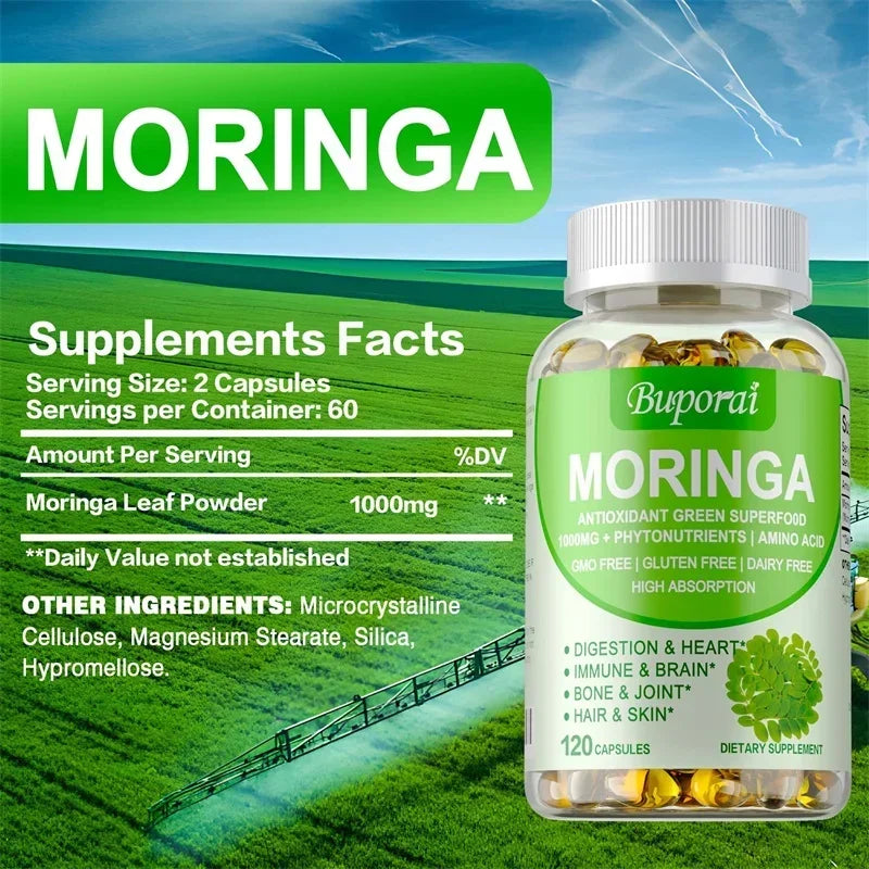 Moringa Capsules 1000mg - Boosts Energy Levels, Promotes Metabolism, Digestive Health,Promote Bone, Joint, Immune Health