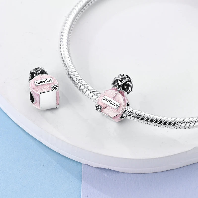 Original 925 Sterling Silver Pink Series Charms Beads Bow Perfume Bottle Heart-Shaped Cross Pendant Fit Bracelet DIY Jewelry