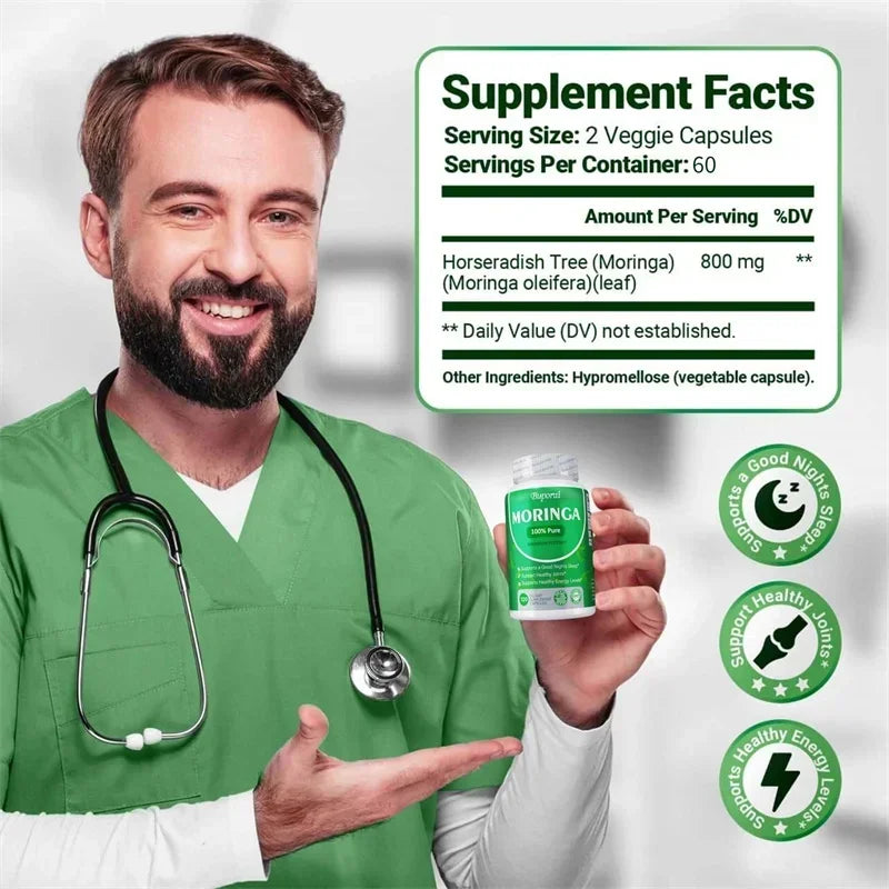 Moringa Capsules - Promote Bone, Joint, Immune Health | Enhance Energy, Endurance, Concentration - 120 Capsules