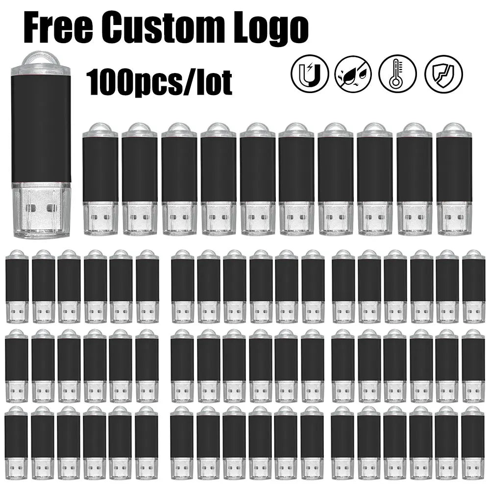 100 Pack USB Flash Drive Free Logo 128GB 64GB 32GB 16GB 8GB 4GB Waterproof Pen Drive Memory Stick 2.0 Disk Colorful Pendrive