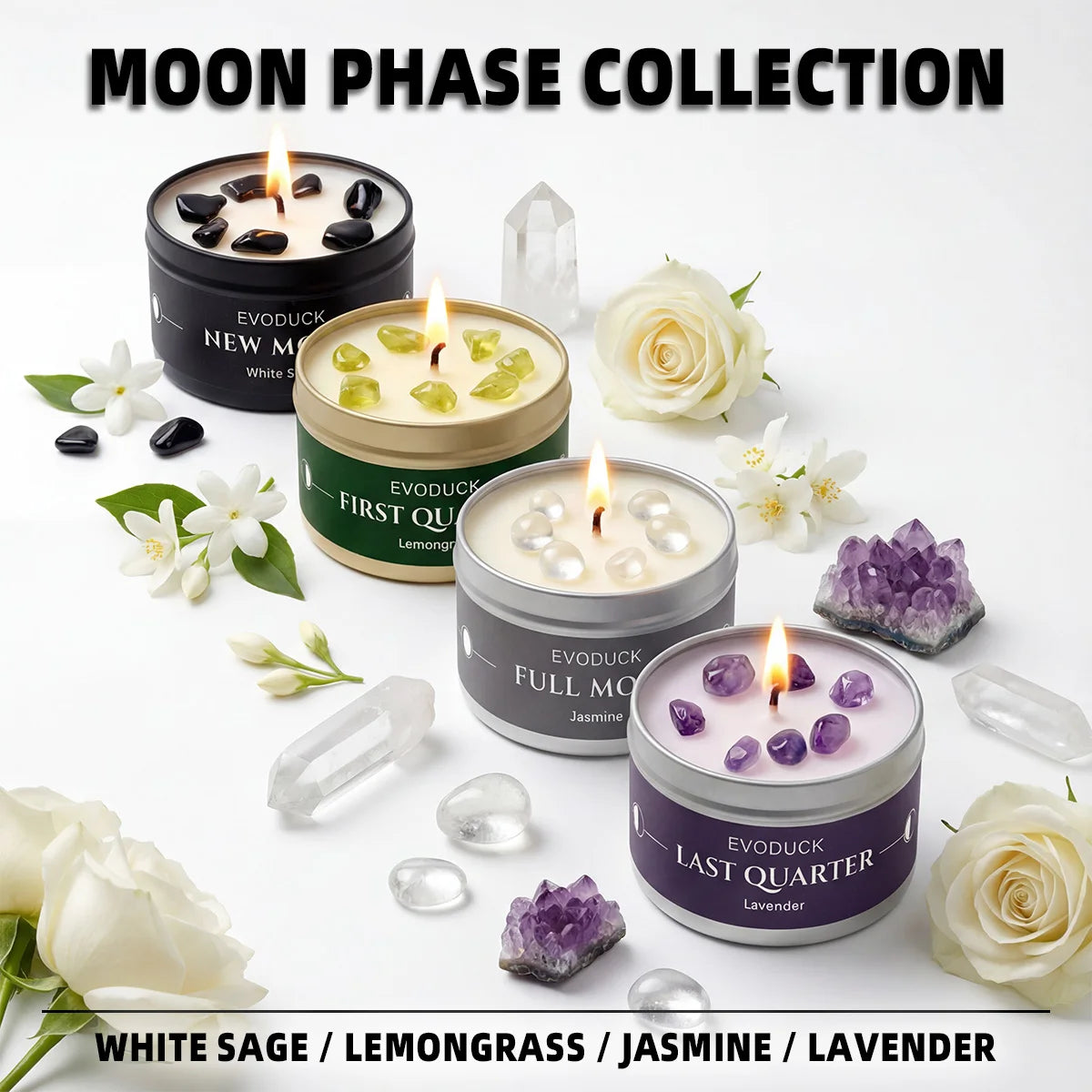 Waning Moon Scented Candle Soy Wax Lavender Scented Candles Silver Tin with Purple Crystal Chips bestfriend gifts gift for woman