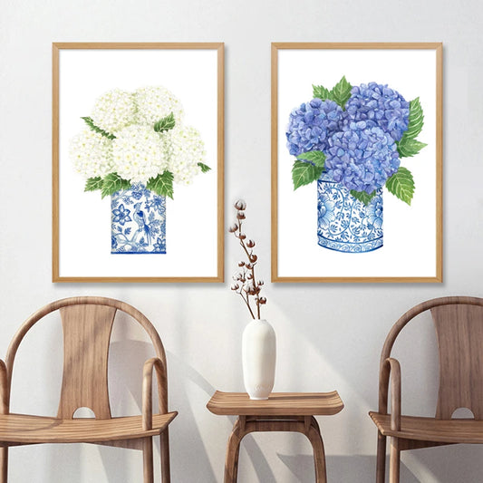 Blue White Ginger Hydrangea Flower Art Prints Chinoiserie Oriental Willow Style Watercolor Canvas Painting Wall Pictures Decor
