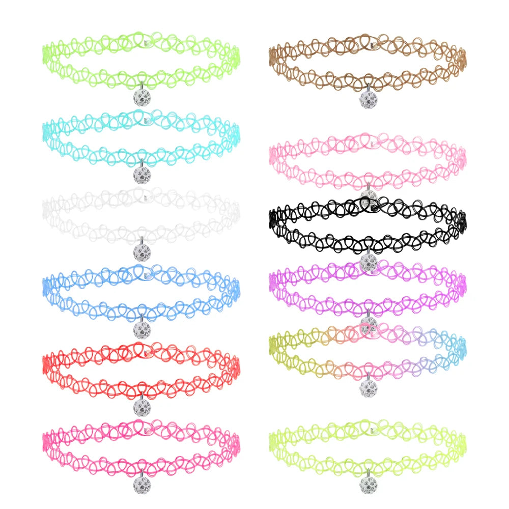 ZS 12Pcs Vintage Stretch Choker Necklace Lady Girl Tattoo Choker Necklace Punk Retro Gothic Elastic Necklaces for Women