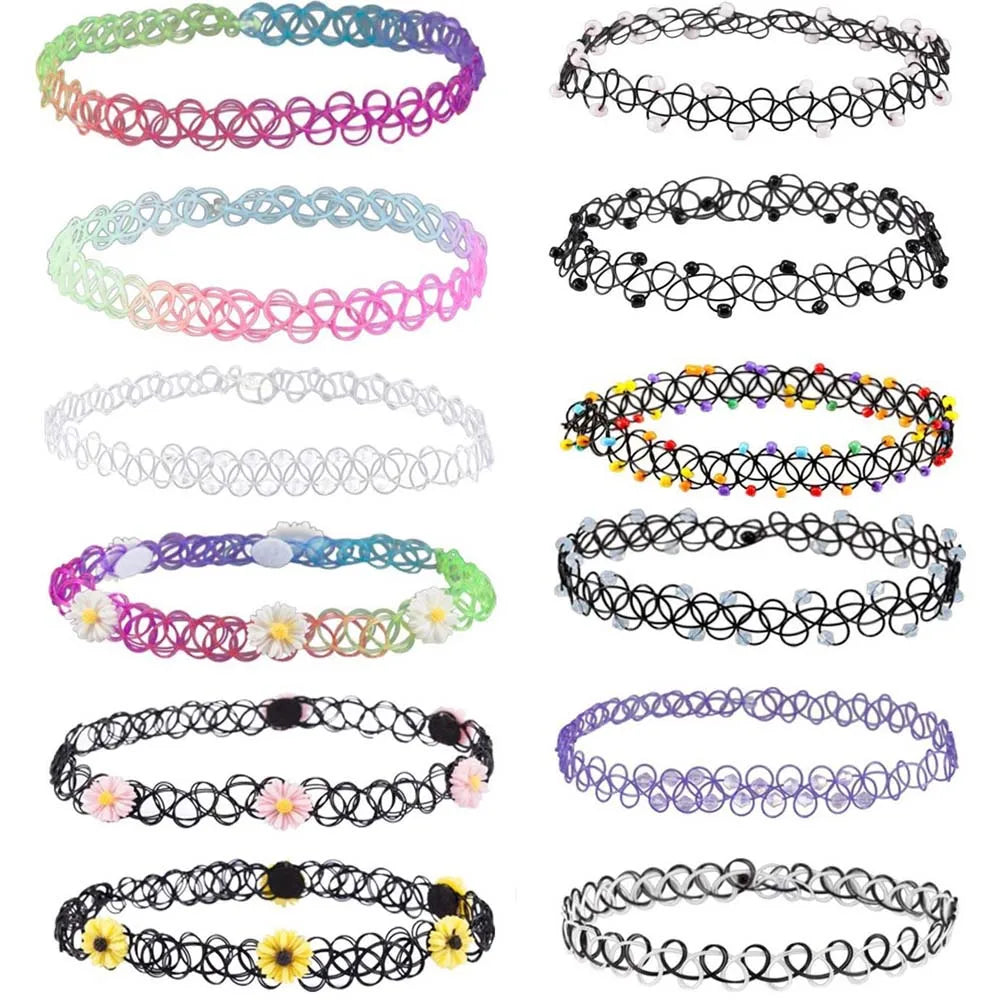 ZS 12Pcs Vintage Stretch Choker Necklace Lady Girl Tattoo Choker Necklace Punk Retro Gothic Elastic Necklaces for Women
