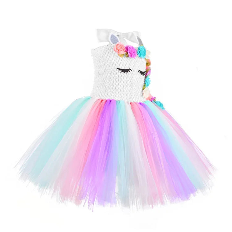Rainbow Unicorn Dress with Flower Angel Wings Party Dress Princess Costume Cosplay Pony Ball Gown Baby Kids Dresses for Girls