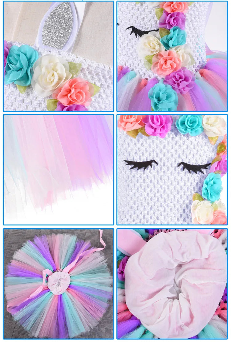 Rainbow Unicorn Dress with Flower Angel Wings Party Dress Princess Costume Cosplay Pony Ball Gown Baby Kids Dresses for Girls
