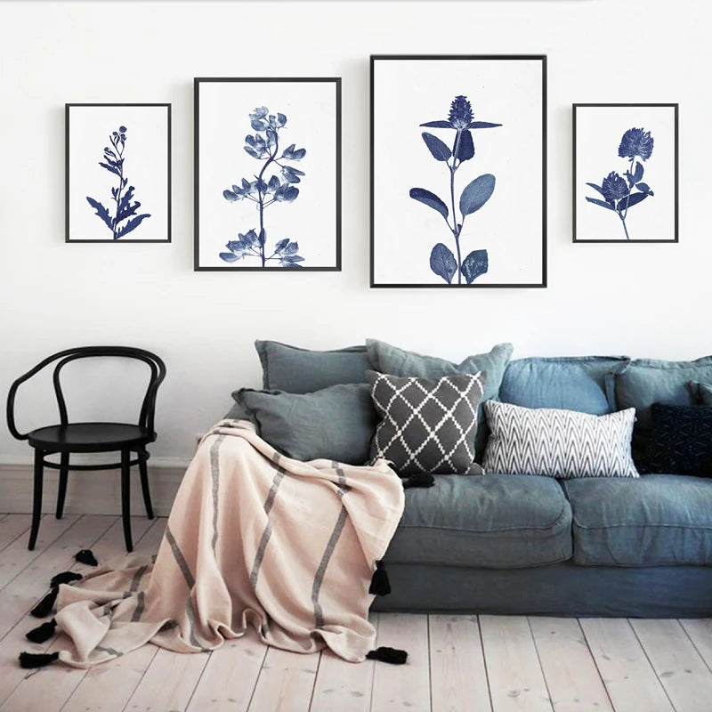 Pressed Blue Wild Flowers Wall Art Canvas Painting Hampton Style Posters Botanical Prints Blue and White Pictures Home Decor