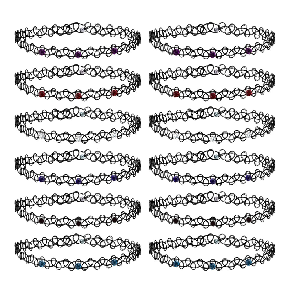 ZS 12Pcs Vintage Stretch Choker Necklace Lady Girl Tattoo Choker Necklace Punk Retro Gothic Elastic Necklaces for Women