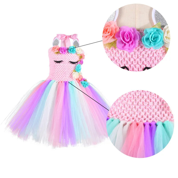 Rainbow Unicorn Dress with Flower Angel Wings Party Dress Princess Costume Cosplay Pony Ball Gown Baby Kids Dresses for Girls