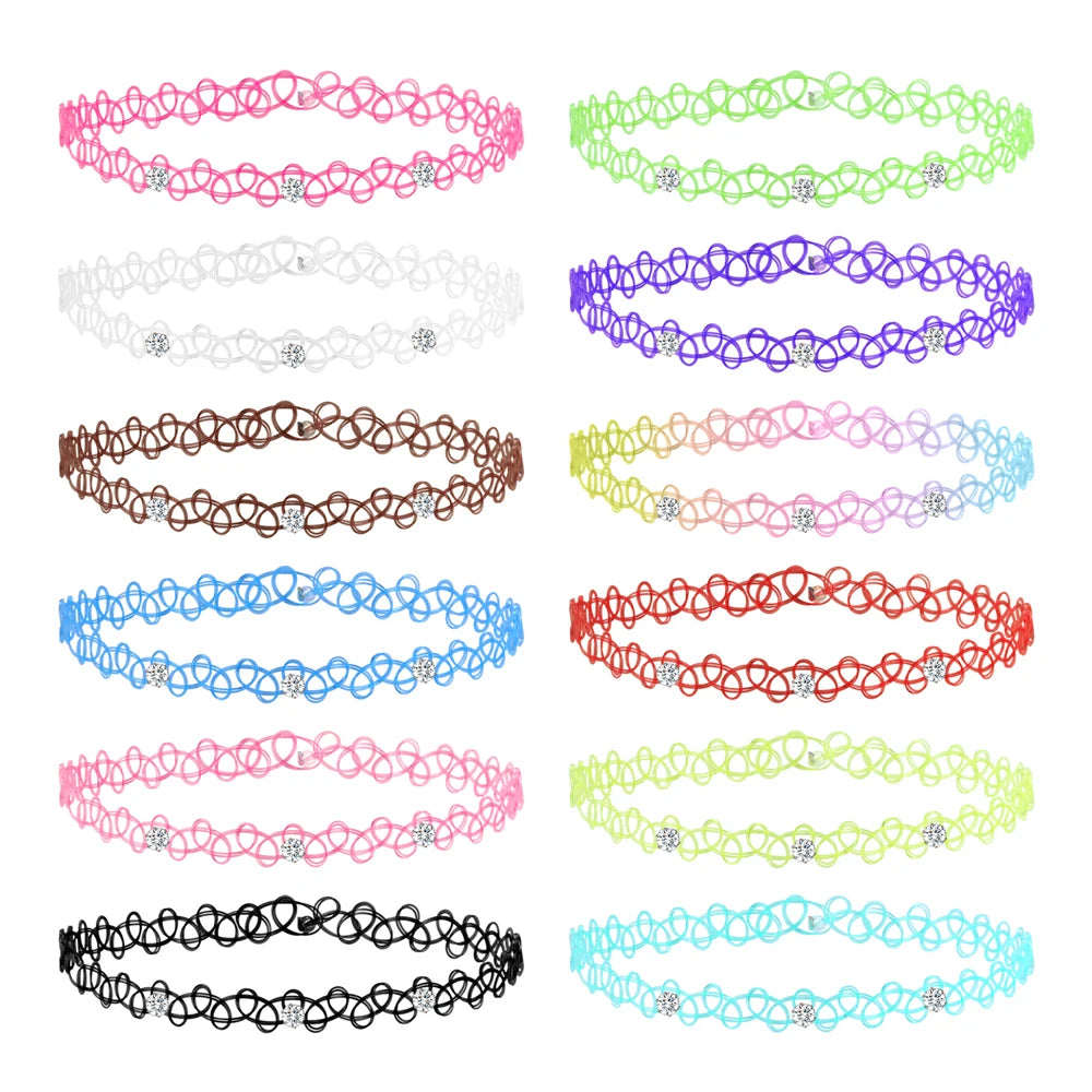 ZS 12Pcs Vintage Stretch Choker Necklace Lady Girl Tattoo Choker Necklace Punk Retro Gothic Elastic Necklaces for Women