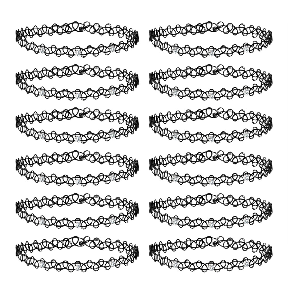 ZS 12Pcs Vintage Stretch Choker Necklace Lady Girl Tattoo Choker Necklace Punk Retro Gothic Elastic Necklaces for Women