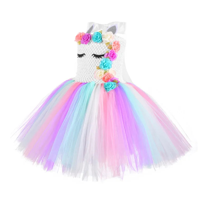 Rainbow Unicorn Dress with Flower Angel Wings Party Dress Princess Costume Cosplay Pony Ball Gown Baby Kids Dresses for Girls