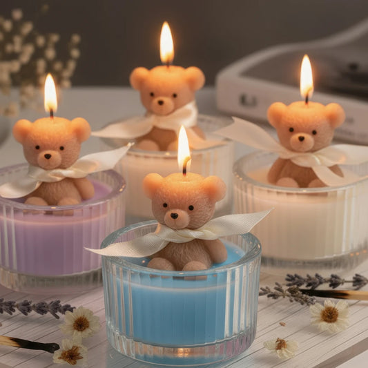 Scented Luxury Teddy Bear Soy Candle in Glass Jar with Ribbon, Creamy Pastel Gifts for Women, Bridal Shower & Holiday Favors